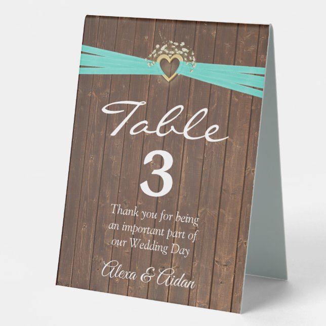 Plaque De Table Coeur d'or avec ruban turquoise sur bois (Recto)