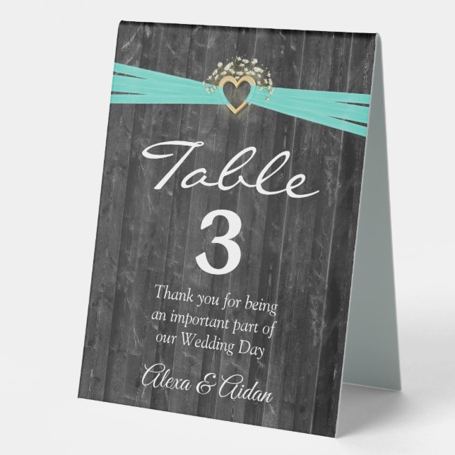Plaque De Table Coeur d'or avec ruban turquoise sur bois gris (Recto)