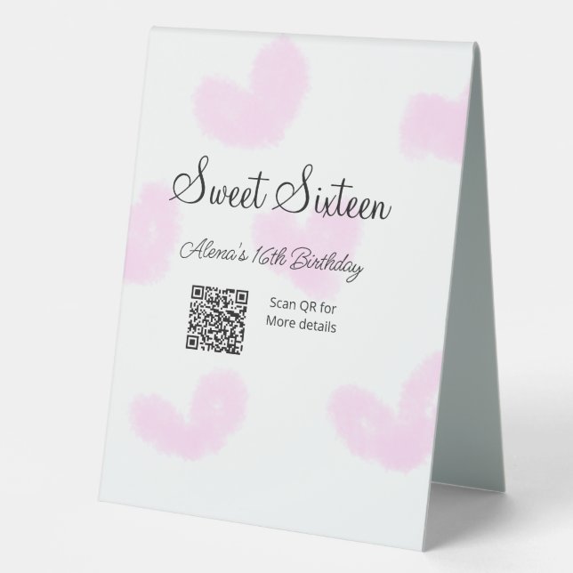 Plaque De Table Coeurs d'aquarelle rose QR Sweet sixteen anniversa (Recto)
