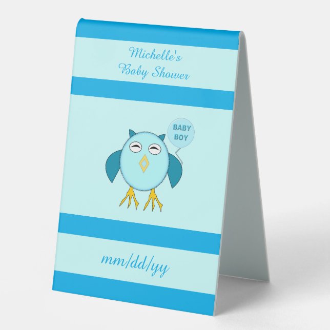 Plaque De Table Cute Blue Baby Boy Owl Baby shower personnalisé (Recto)