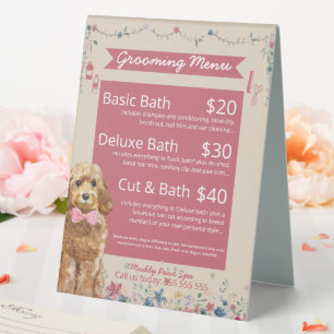 Plaque De Table Cute Floral Aquarelle Chien Grooming Services Menu