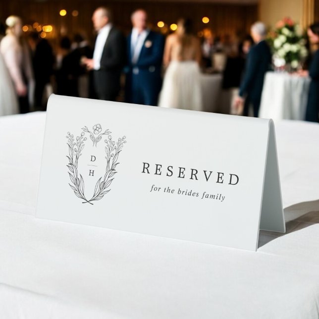 Plaque De Table DAPHNE Crest Blanc Noir Vert Mariage Réservé (DAPHNE Crest Black White Greenery Wedding Reserved Table Tent Sign)