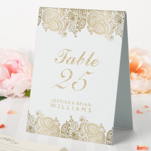 Plaque De Table Dentelle or et cachemire blanc (In SItu (Mariage))