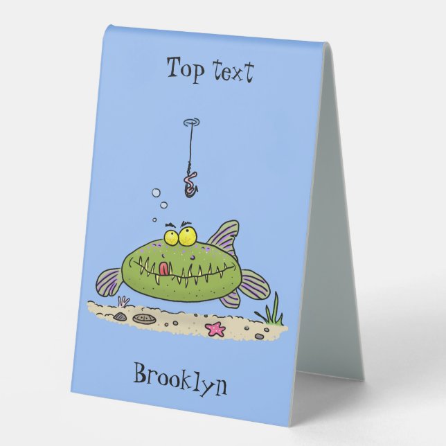 Plaque De Table Drôle gras affamé poisson vert dessin de pêche (Recto)