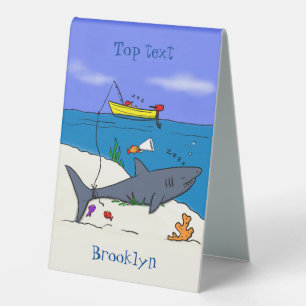 Plaque De Table Drôle requin couché et dessin animé de pêche