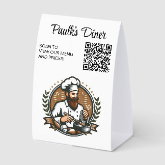 Plaque De Table Editable Chef Stars Ribbon Leaves QR Code Menu