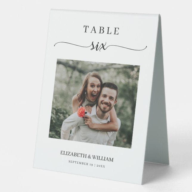 Plaque De Table Élégance Script Photo Mariage Numéro de table Six (Recto)