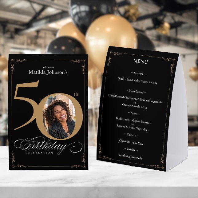 Plaque De Table Elegant Black Gold 50th Birthday Menu (Elegant Black Gold 50th Birthday Menu Paper Table Tent)
