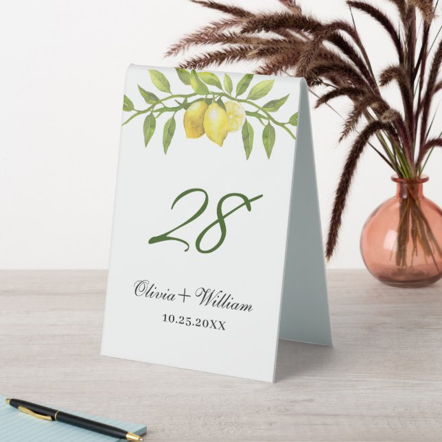 Plaque De Table Elégant citrons aquarelle verdure Mariage Numéro (En SItu (Tableau))