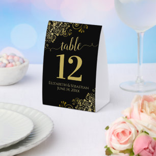 Plaque De Table Elégant Frills or sur Mariage noir Numéro de table