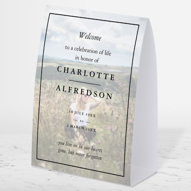 Plaque De Table Elegant Funeral | Chic Memorial Service Photo (Elegant Memorial table tent sign to celebrate the life of your loved one)