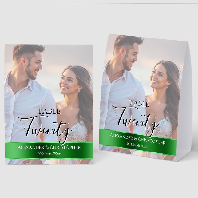 Plaque De Table Elegant Photo Wedding Table Number Green band (Recto/Verso)