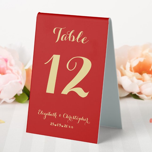 Plaque De Table Elégant Red Gold Mariage Réception Numéro de table (Elegant Red Gold Wedding Reception Table Number Table Tent Sign)