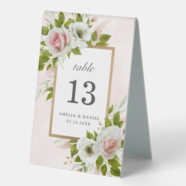 Plaque De Table Elégant rose blanc Aquarelle Rose Numéro de Mariag (Recto)