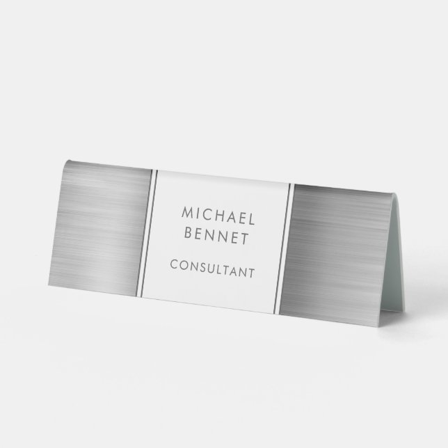 Plaque De Table Élégant Silver Grey brossé Metallic Business (Recto)