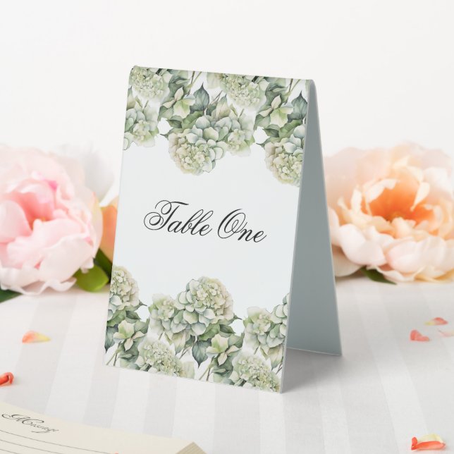 Plaque De Table Elégante aquarelle blanche vert hydrangée florale (In SItu (Mariage))