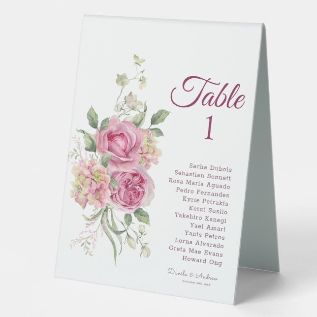 Plaque De Table Élégantes fleurs Mariage personnalisé Numéro de ta (Recto)