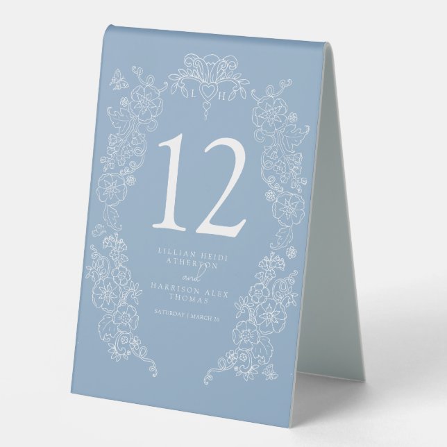 Plaque De Table Fleur de lis mariage bleu poussiéreux blanc (Recto)