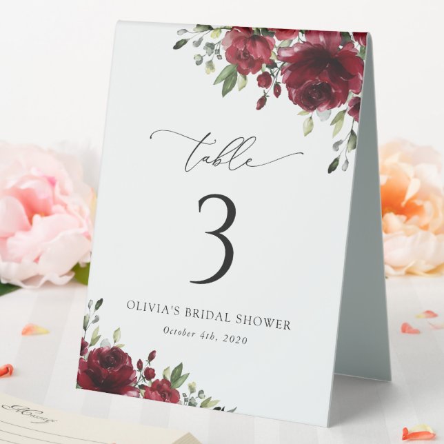 Plaque De Table Fleurs Bourgognes, Fleurs Rouges, Boho, Numéros De (In SItu (Mariage))
