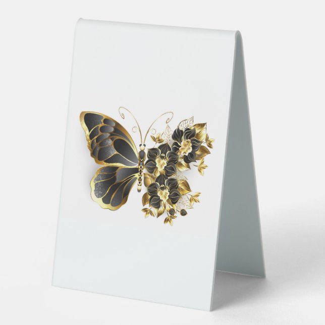 Plaque De Table Gold flower Butterfly with Black Orchid (Recto)