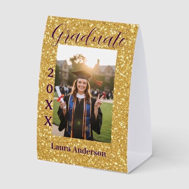 Plaque De Table Gold glitter photo graduation add name class text (Recto)