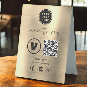 Plaque De Table Gold QR Code Paiement - Analyser pour payer Logo d