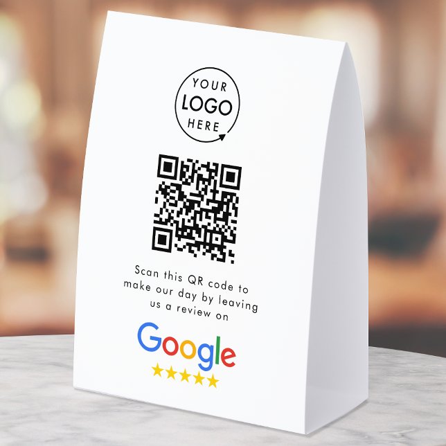 Plaque De Table Google Reviews Tabletop Sign | QR Code Table Tent (Google Review interactive QR code paper table tent signs branded with your company logo.)