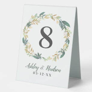 Plaque De Table Green Gold Floral Green Wreath Numéro Mariage
