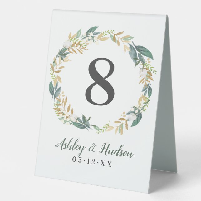 Plaque De Table Green Gold Floral Green Wreath Numéro Mariage (Recto)