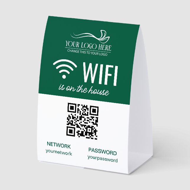 Plaque De Table Green White Business WiFi QR Code Logo (Recto)
