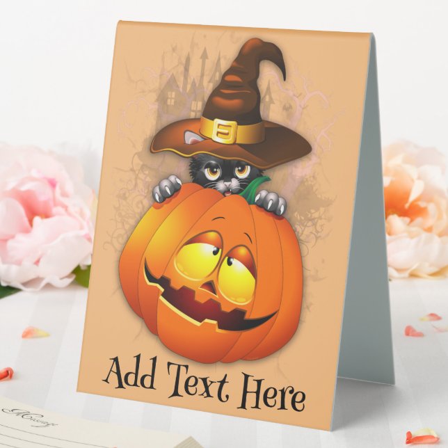 Plaque De Table Halloween Cute Kitty Witch et ami Citrouille (In SItu (Mariage))