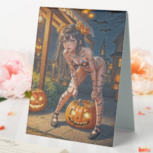 Plaque De Table Halloween Monster Jack-o-Lantern & Bat Vixen Girl