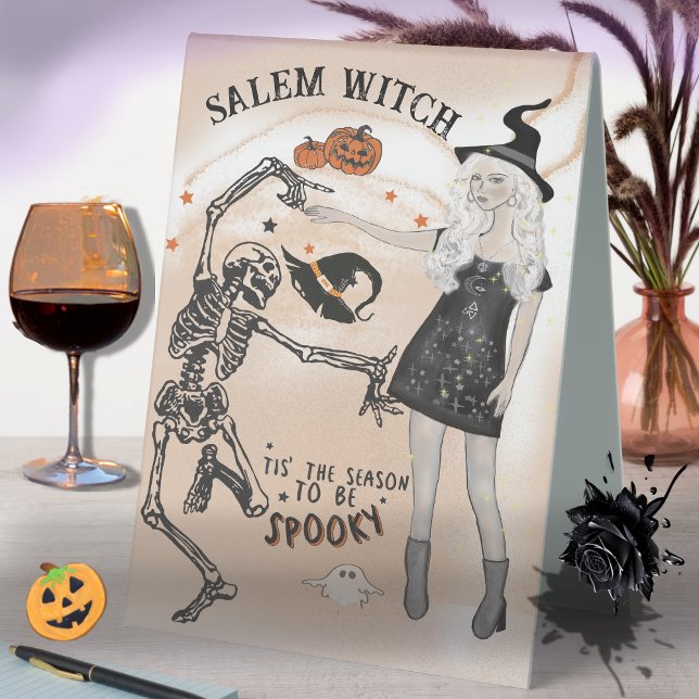 Plaque De Table Halloween Witch danser avec Sceleton (Halloween Witch dancing with Sceleton Table Tent Sign)