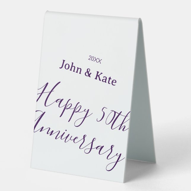 Plaque De Table Happy 50th anniversary purple name year simple  (Recto)