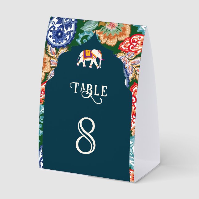 Plaque De Table Indian Art Elephant Dark Blue Wedding Table Number (Recto)