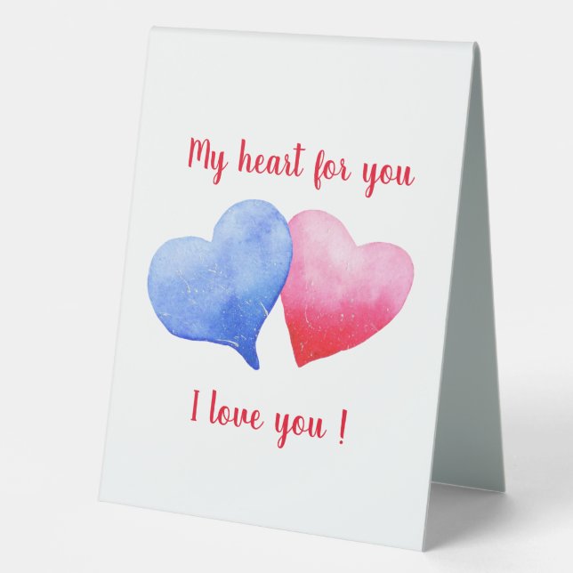 Plaque De Table Je t'aime aquarelle rouge et bleu Saint Valentin (Recto)