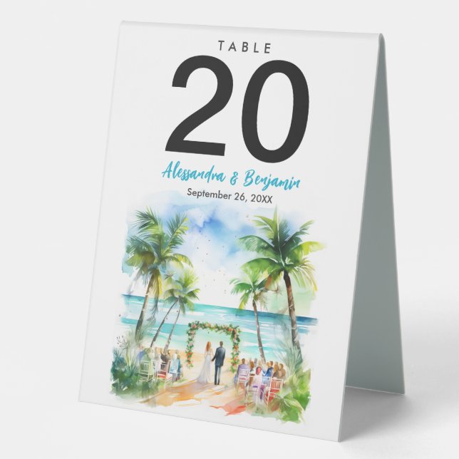 Plaque De Table Jour de mariage sur la plage en Mariage aquarelle (Recto)