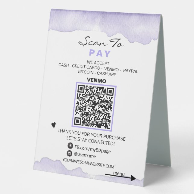 Plaque De Table *~* Lavande, Tente de table PAY + MENU QR Tablette (Recto)