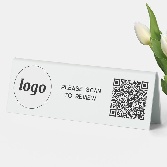 Plaque De Table Lecteur de code QR Analyse d'entreprise pour révis (Simple logo with QR code and custom text business branding promotional scan to review table tent )