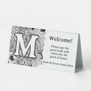 Plaque De Table Lettre M Mariage Floral noir et blanc