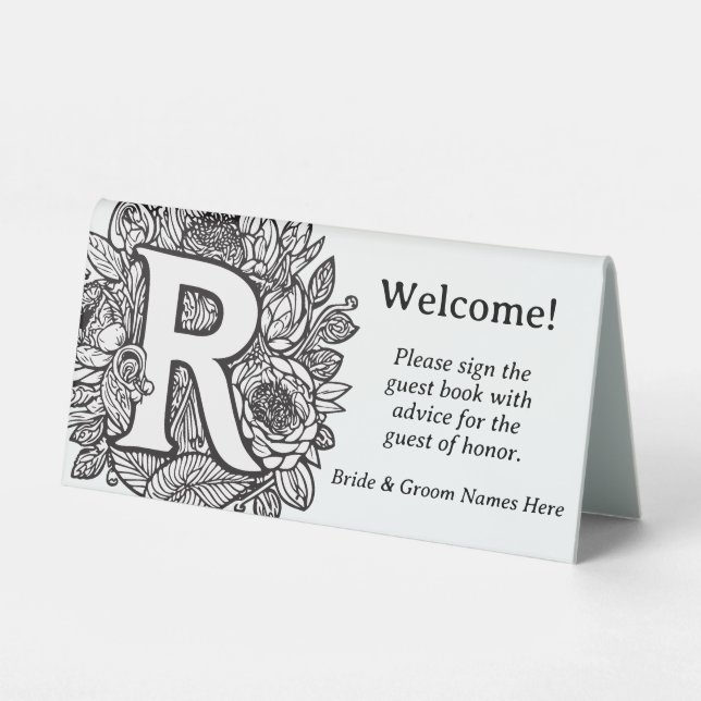 Plaque De Table LETTRE MONOGRAPHIQUE Florale Noir et Blanc R Maria (Recto)