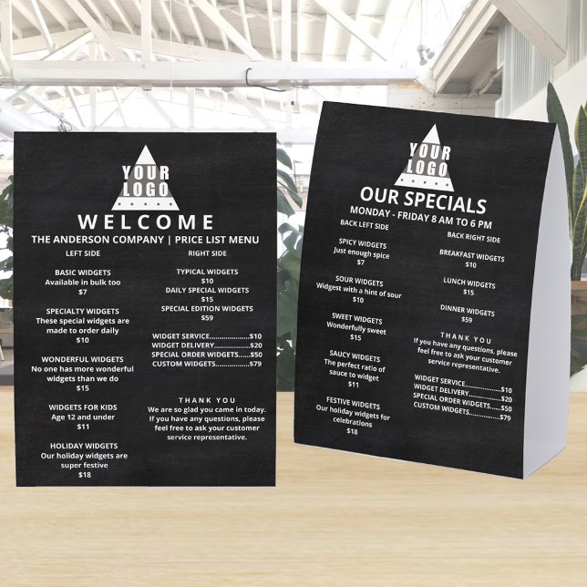 Plaque De Table Logo Chalkboard 5x7 Promotion Double Column List (Double column 5 x 7 custom paper table tents featuring your corporate logo)