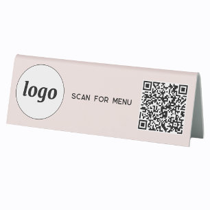 Plaque De Table Logo Code QR Entreprise Scan pour Menu Rose Pâle