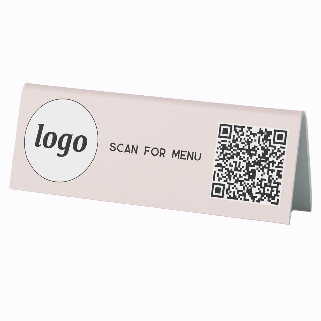 Plaque De Table Logo Code QR Entreprise Scan pour Menu Rose Pâle (Logo QR code scan for menu table tent sign business cafe restaurant shop store signage and more)