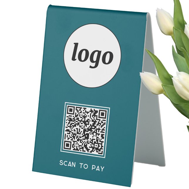 Plaque De Table Logo de code QR Analyse d'entreprise pour payer ve (Simple logo QR code with custom text business branding promotional Scan to Pay table tent sign)