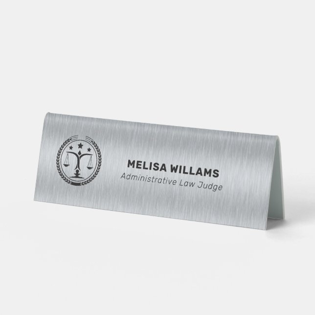 Plaque De Table Logo en argent métallique gris et en justice noire (Recto)