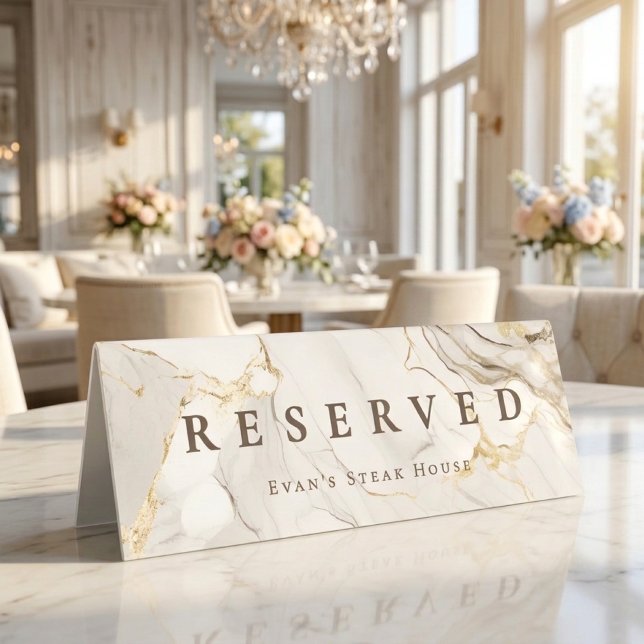 Plaque De Table Marbre blanc d'agate de script élégant moderne rés (Modern Elegant Script Agate White Marble Reserved Table Tent)