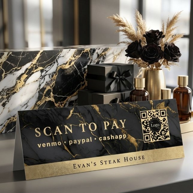 Plaque De Table Marbre Noir Agate Élégant Code Qr Scan Pour Payer (Elegant Agate Black Marble Qr Code Scan To Pay Table Tent)