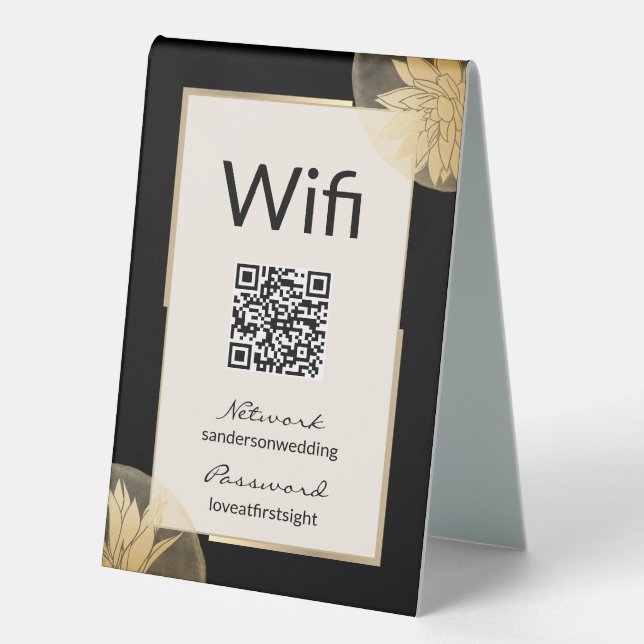 Plaque De Table Mariage Black Gold moderne Wifi Détails QR Code (Recto)