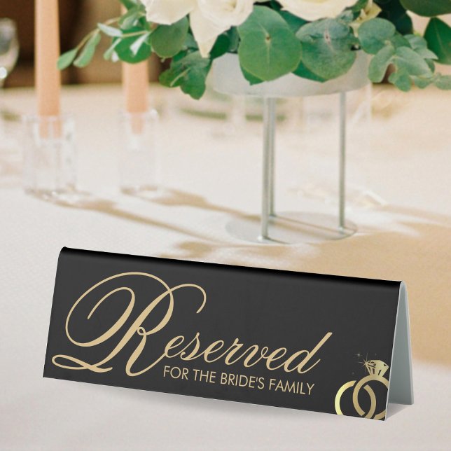 Plaque De Table Mariage de bague diamant noir et or réservé (Black & Gold Diamond Ring Wedding Reserved Table Tent Sign)